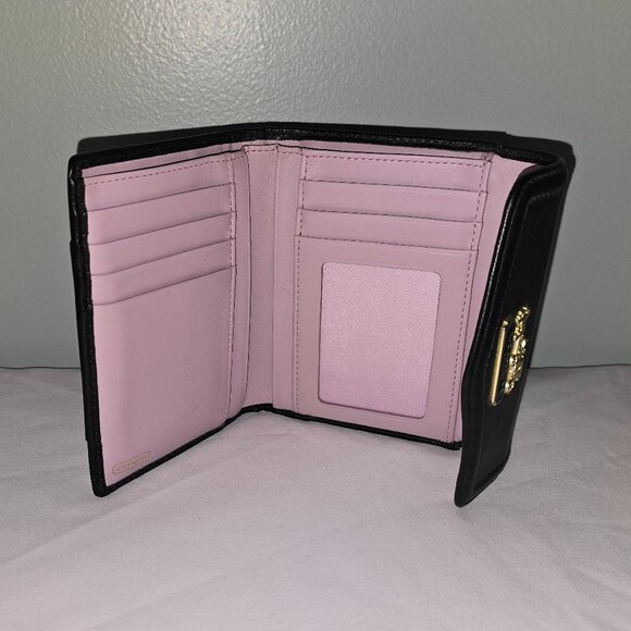 Coach Black Leather Tri-Fold Wallet with a Gold-Tone Logo, Snap Closure - Picture 4 of 6